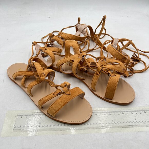 YDN Tan Sexy Knee High Lace up Flats Fringe Gladiator Strap Sandals - Picture 4 of 8